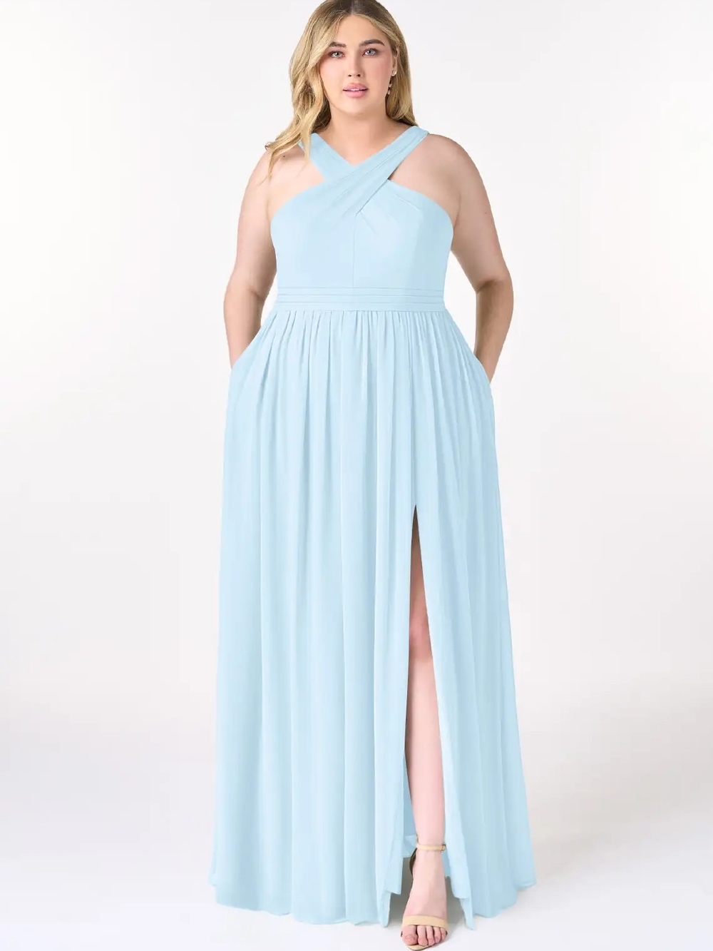 Azazie Elvira Sky Blue A-Line Pleated Chiffon Dress